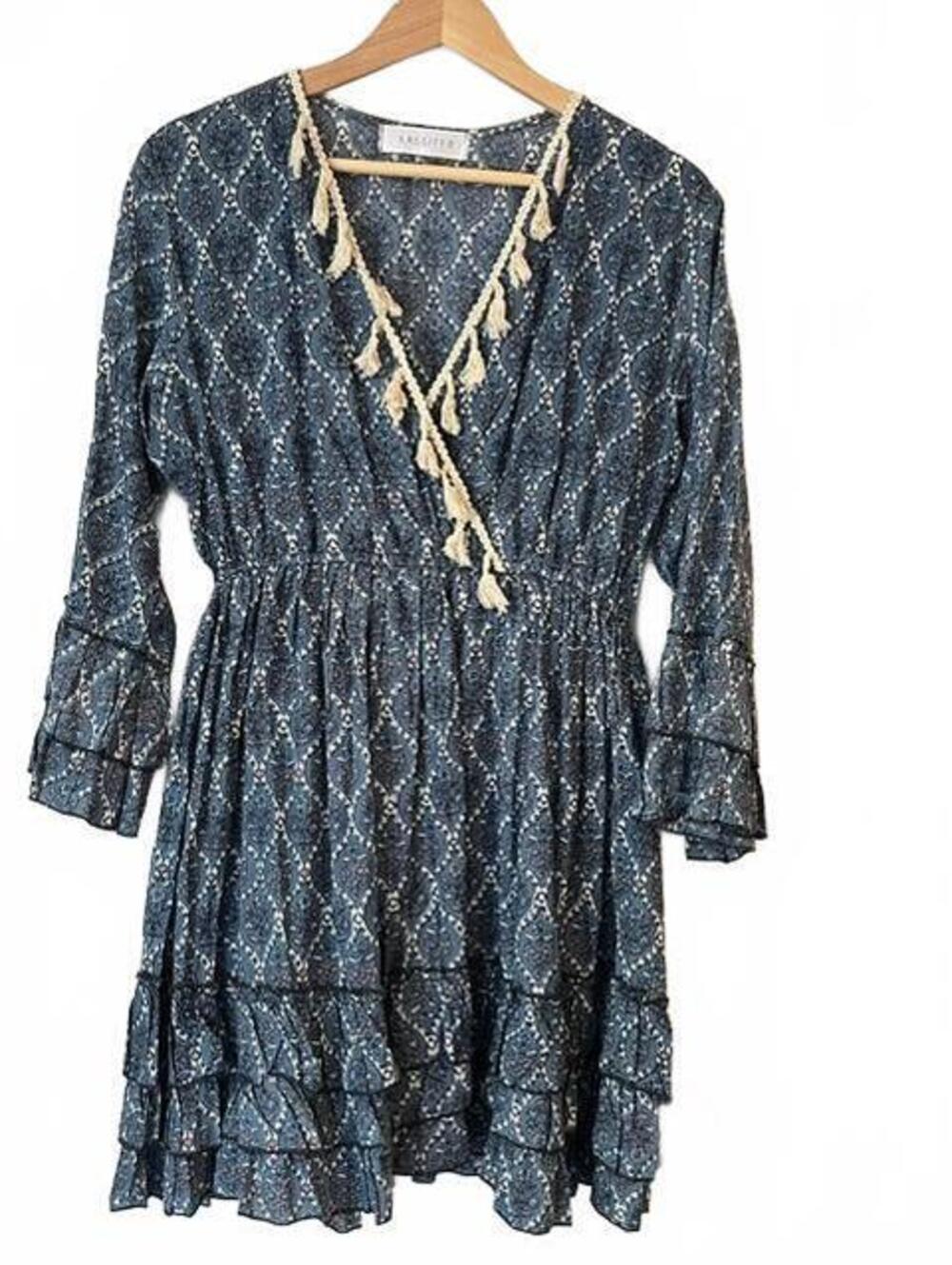 Lassiter Boho Dress with Ruffle and Tassel Detail in Blue Floral Block Print - S